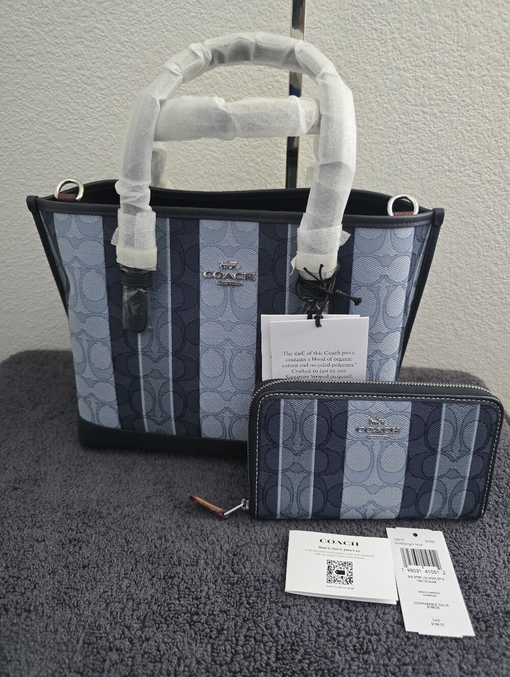 NWT COACH C8416 Mollie Tote Bag 25 Multi Blue Jacquard Stripe w/NWT ID Wallet